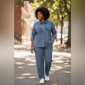 Blue Button-Up Shirt and Pants Set